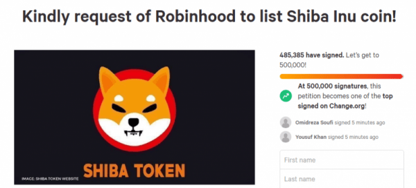 Петиция для Robinhood о включении SHIB приближается к 500000 подписей