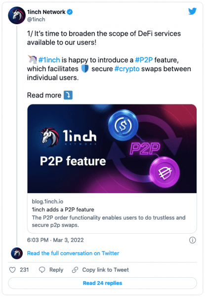 1inch Network добавляет функцию P2P для безопасного крипто-обмена